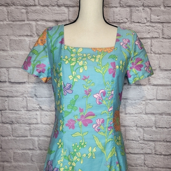 Lilly Pulitzer Dress Vintage Bluee Floral Sassafras Square Neck Sheath Size 8 - Picture 3 of 8